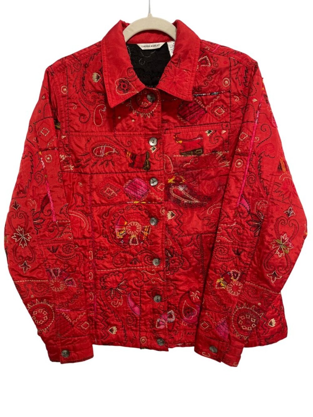 Laura Ashley Jacket Medium Button Front Embroidered Paisley Red Art To Wear Y2K